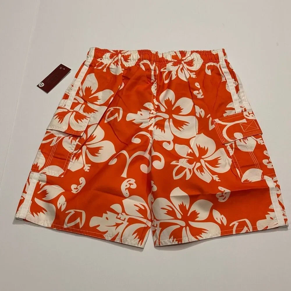 Chalaco Hibiscus Floral Swim Trunks Orange and White | Men Size 12/Medium